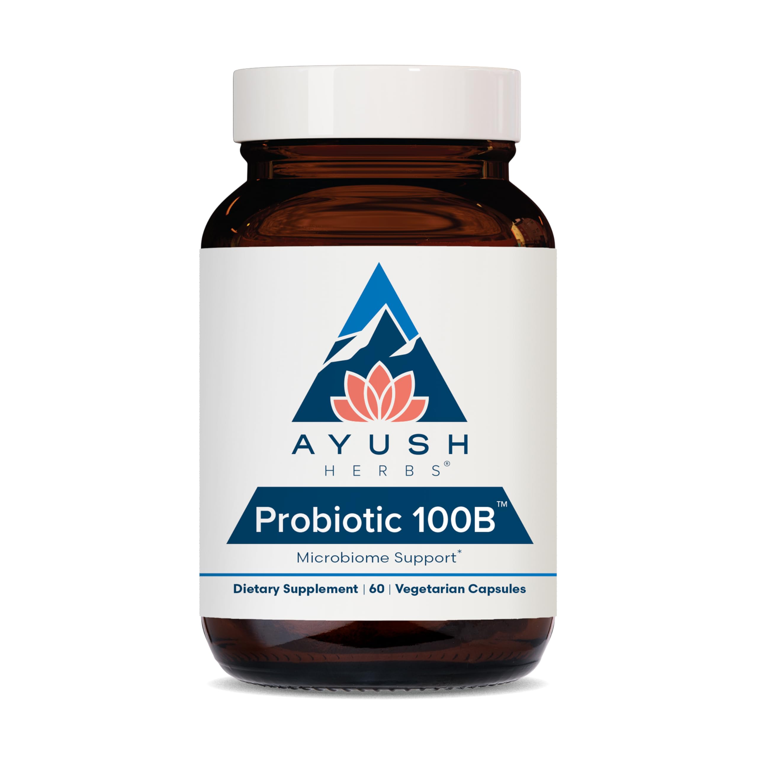 Ayush Herbs All-Natural Probiotic 100B bottle front view for daily wellness.