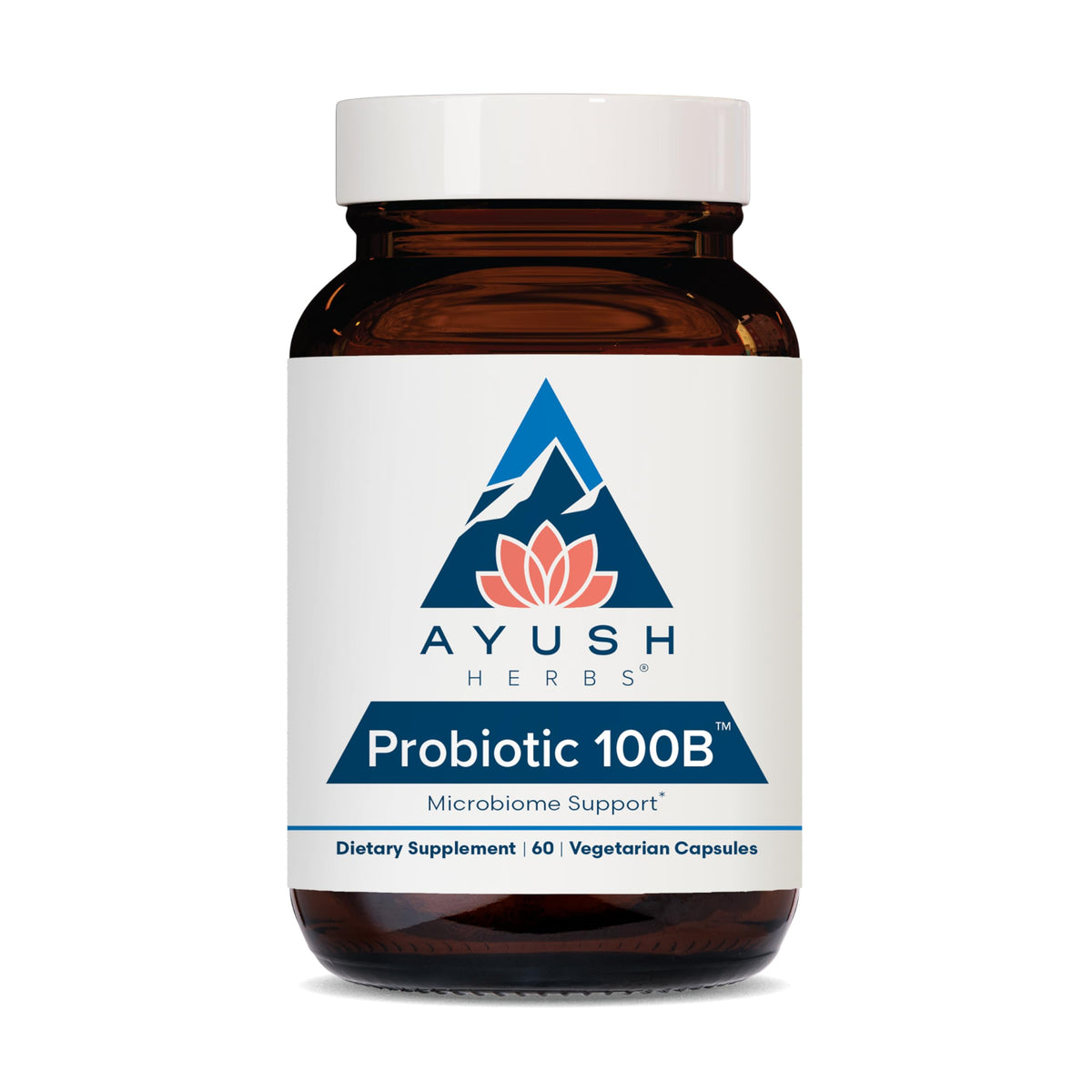 Ayush Herbs All-Natural Probiotic 100B bottle front view for daily wellness.
