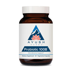 Ayush Herbs All-Natural Probiotic 100B bottle front view for daily wellness.