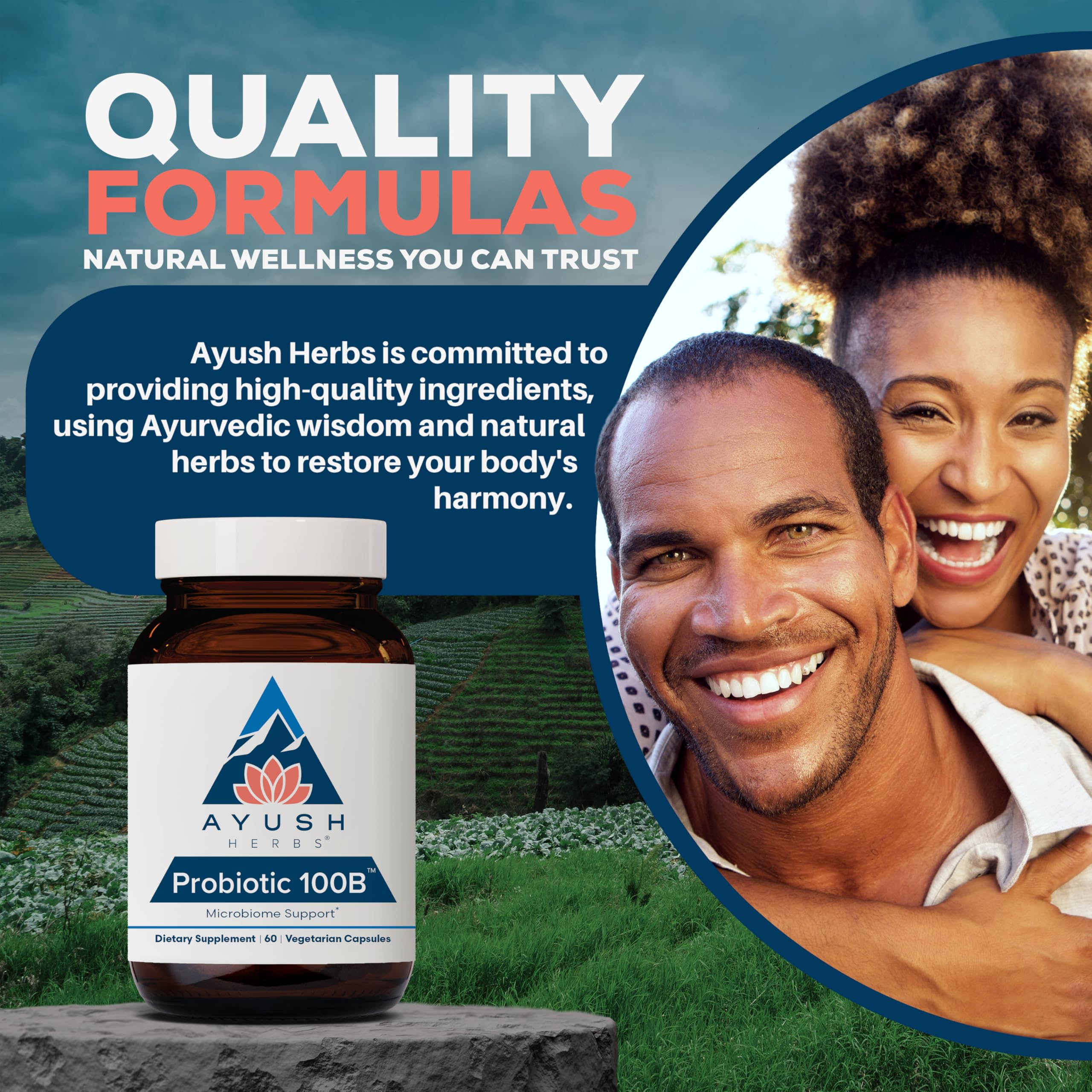 Ayush Herbs All-Natural Probiotic 100B bottle on kitchen shelf for routine.