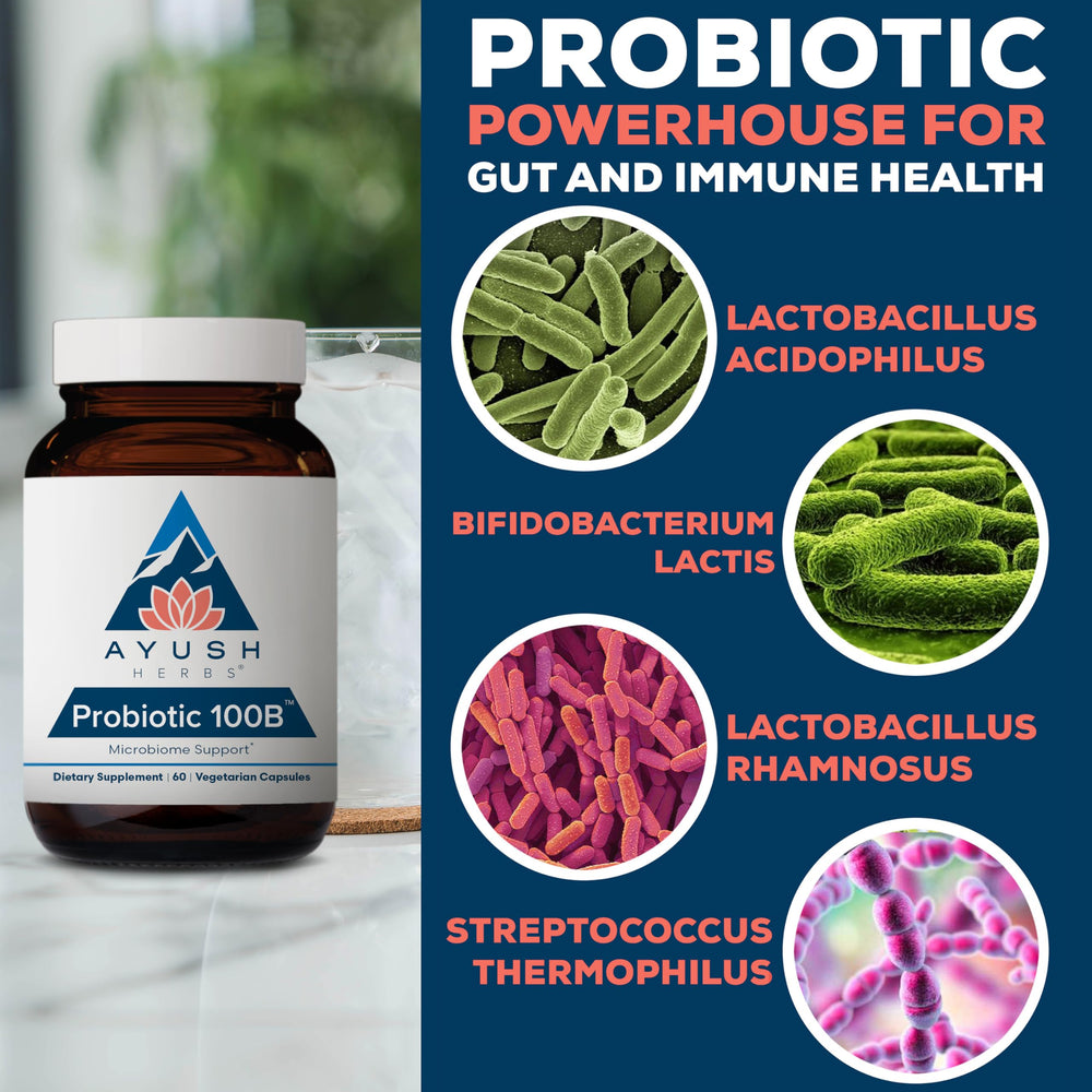 Ayush Herbs All-Natural Probiotic 100B nutrition panel highlights the product’s counts.