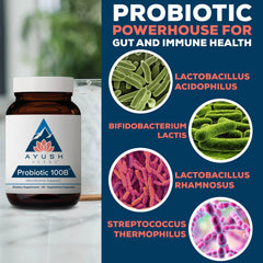 Ayush Herbs All-Natural Probiotic 100B nutrition panel highlights the product’s counts.