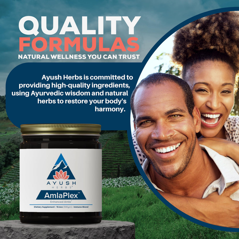 Ayush Herbs AmlaPlex display with glass of water suggests simple daily usage.