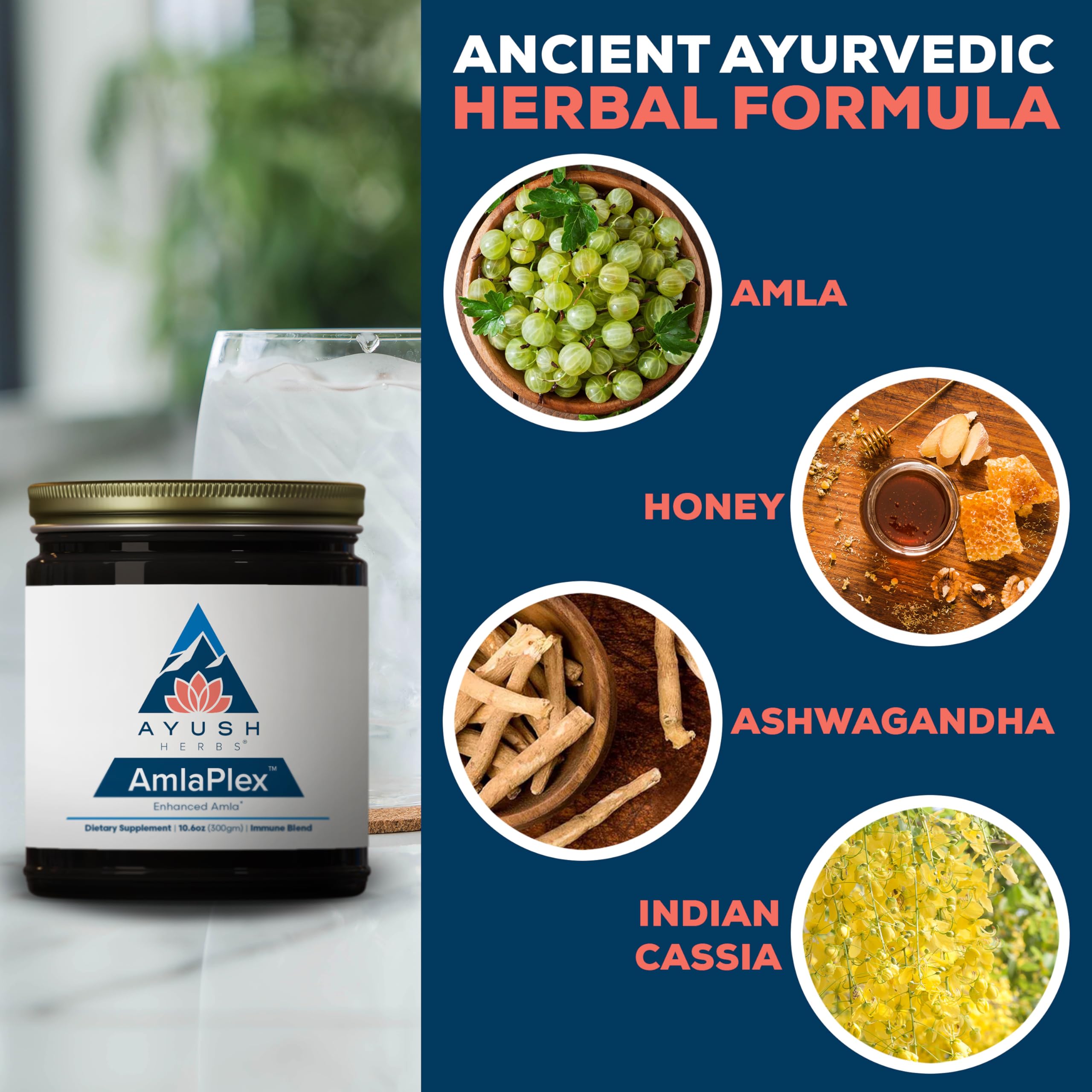 Ayush Herbs AmlaPlex spoon and honey highlight natural energy support.