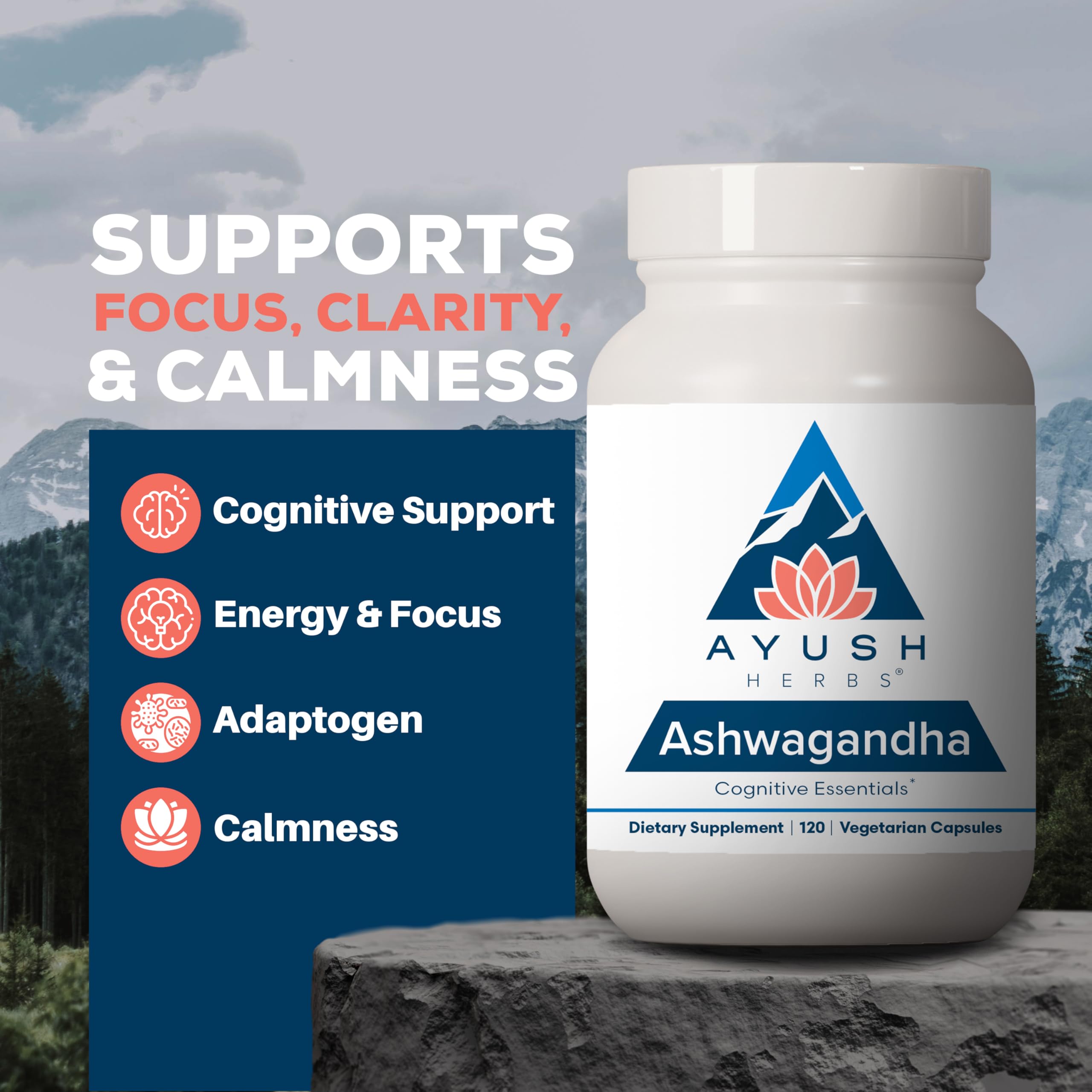 Ayush Herbs Ashwagandha capsules pour shot highlighting convenient daily dosage