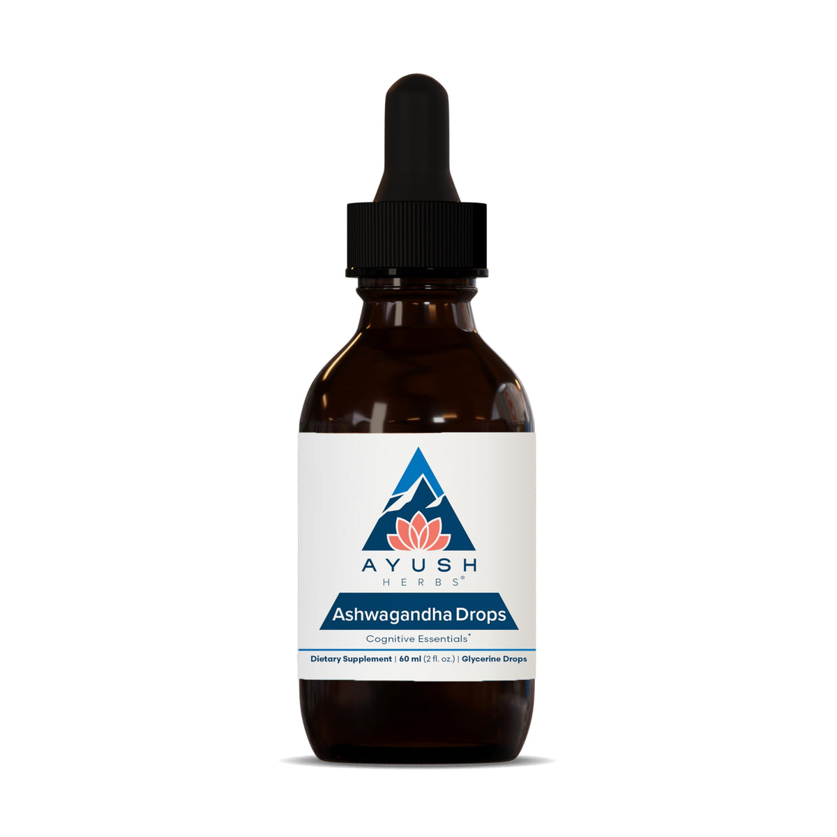 Ayush Herbs Ashwagandha Drops bottle with lemon flavor for daily focus.