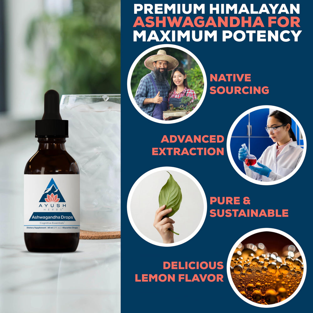 Ayush Herbs Ashwagandha Drops 500 mg dose bottle closeup, pure extract.