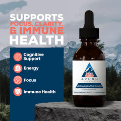 Ayush Herbs Ashwagandha Drops being poured, a convenient daily calm aid.