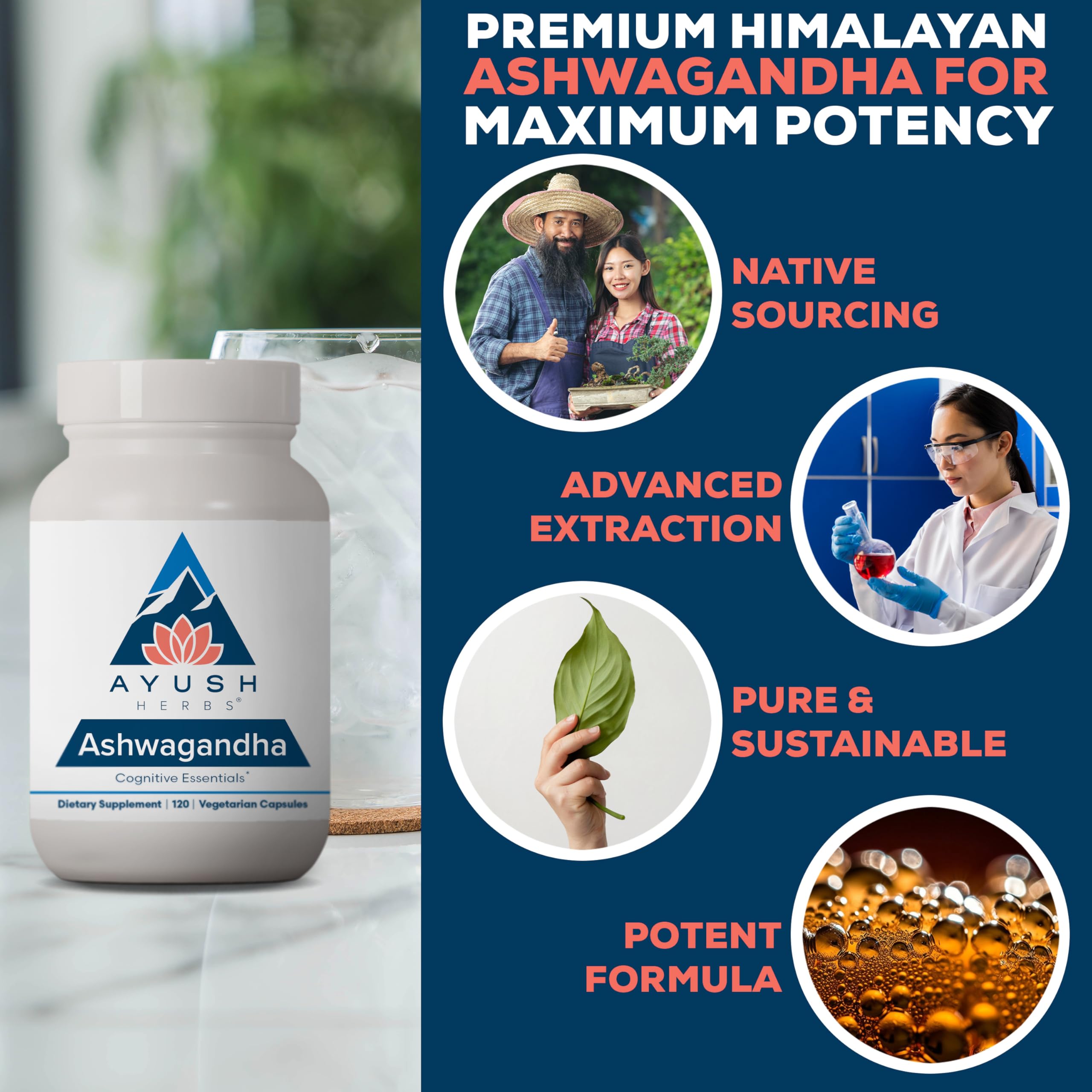 Ayush Herbs Ashwagandha Himalayan roots origin display emphasizes purity and potency