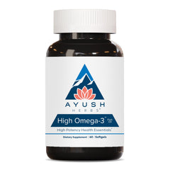 Ayush Herbs High Omega 3 bottle front shows lemon-flavored softgels for daily wellness.