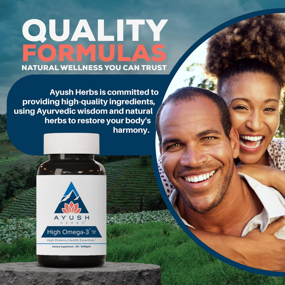 Ayush Herbs High Omega 3 bottle beside a glass of water for daily use.