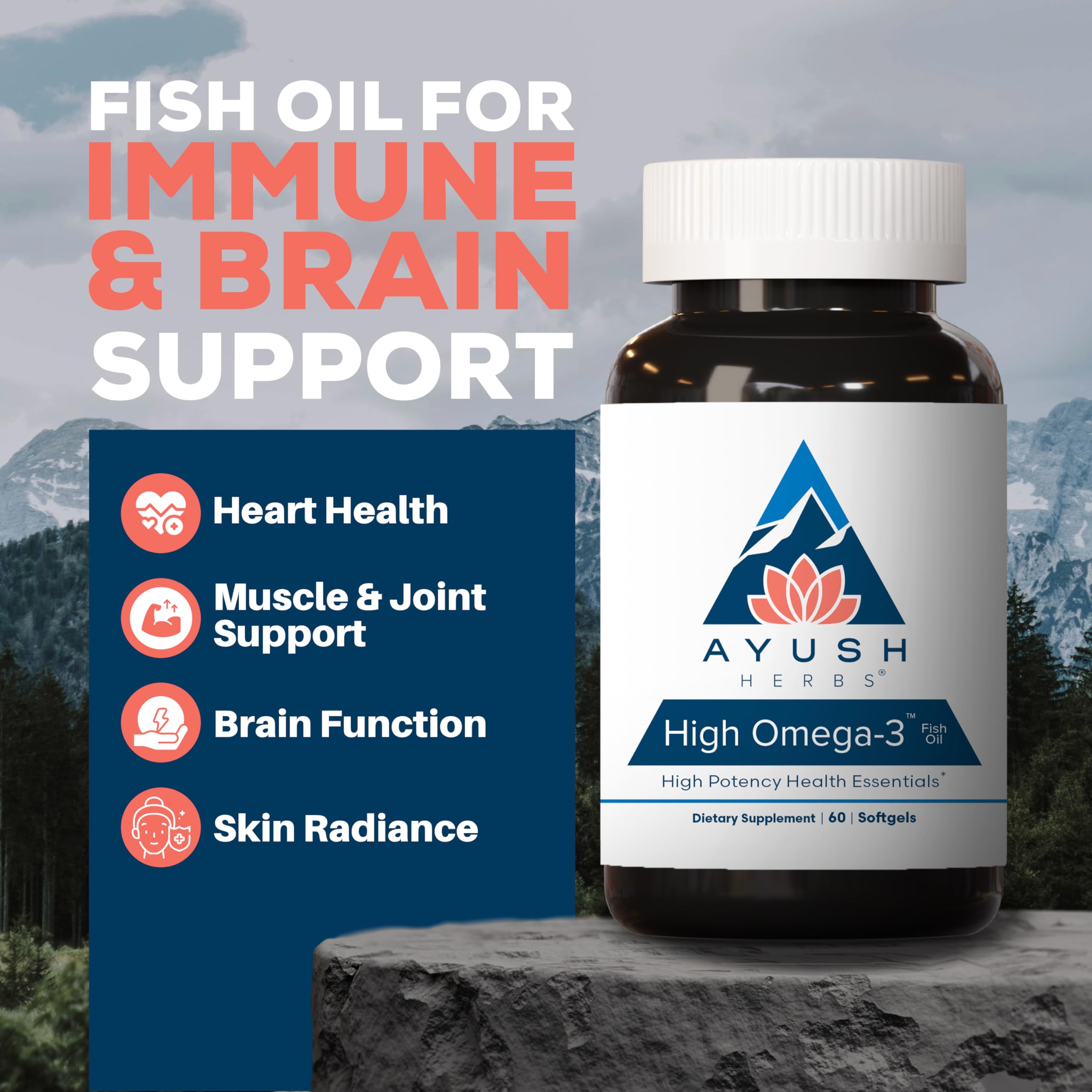 Ayush Herbs High Omega 3 softgels close-up highlights triglyceride form for better absorption.