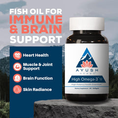 Ayush Herbs High Omega 3 softgels close-up highlights triglyceride form for better absorption.