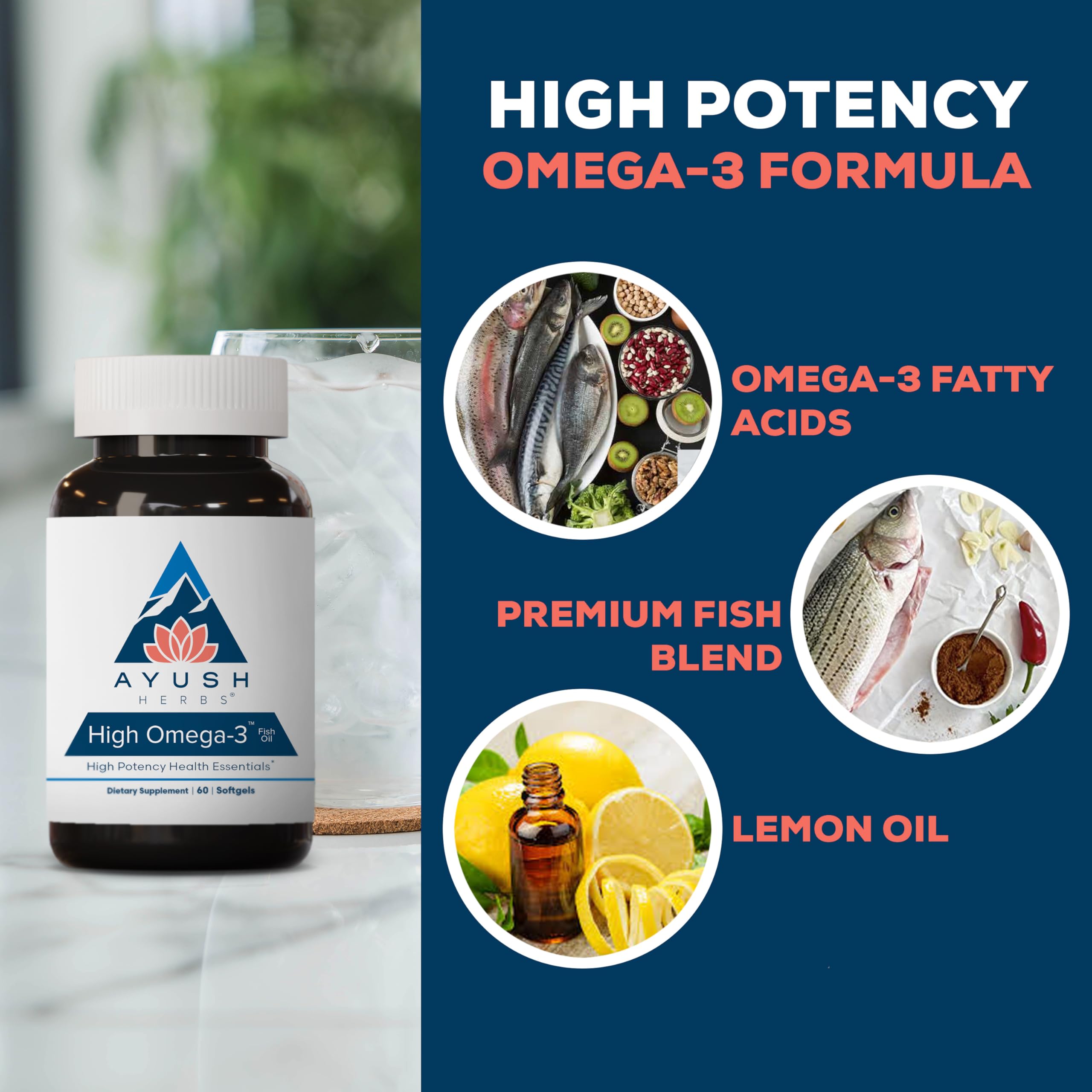 Ayush Herbs High Omega 3 illustration of sustainably farmed fish.