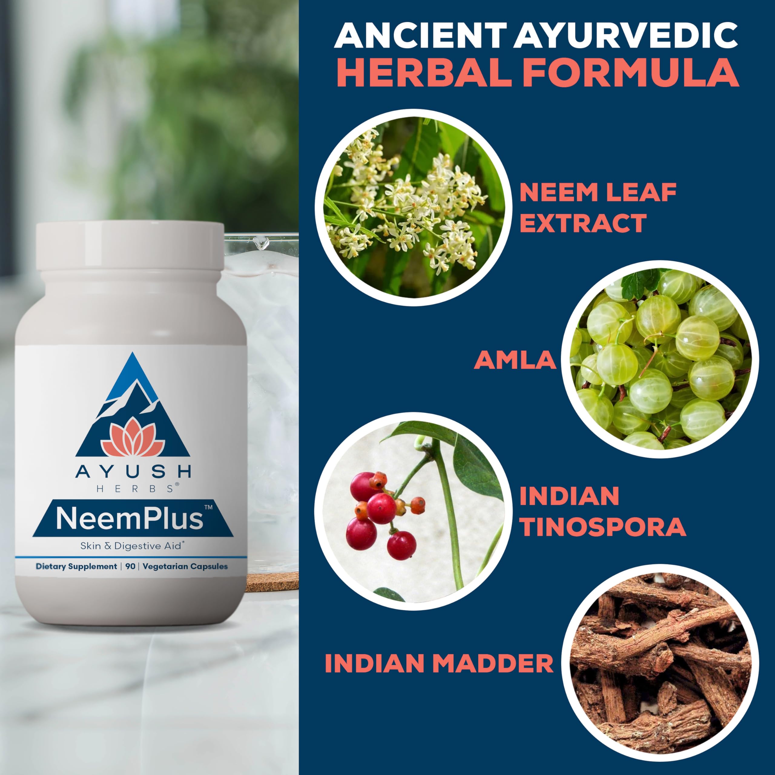 Neem Plus ingredients close-up show neem and amla for antioxidant power