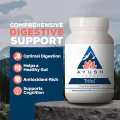 Ayush Herbs Trifal amla ingredients showcase organic amla for antioxidant-rich nutrition.