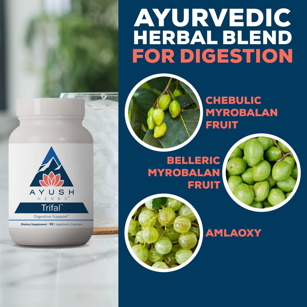 Ayush Herbs Trifal bahera capsules closeup with herbs for convenient digestion support.