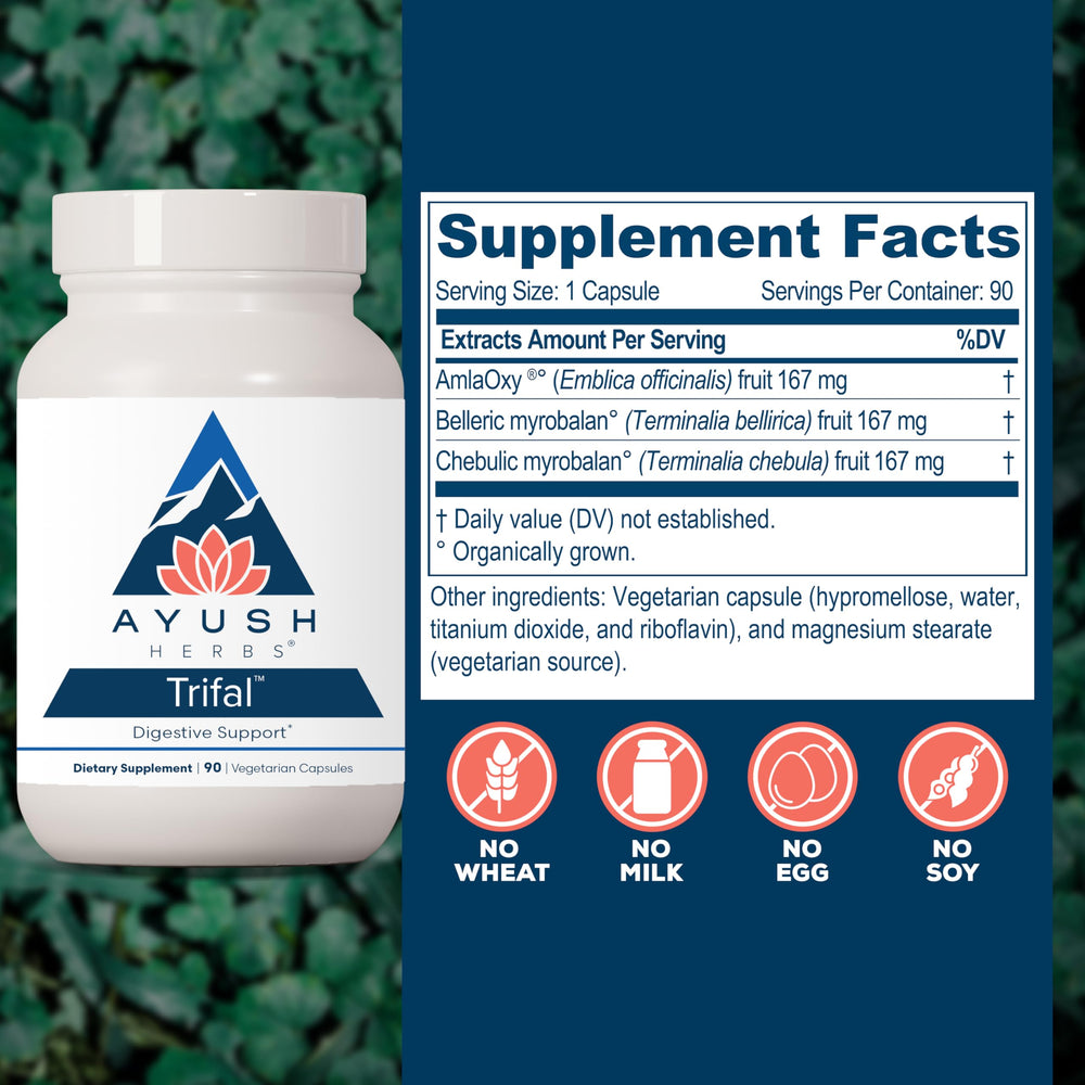 Ayush Herbs Trifal chebulic myrobalan highlight emphasizing traditional digestive balance.