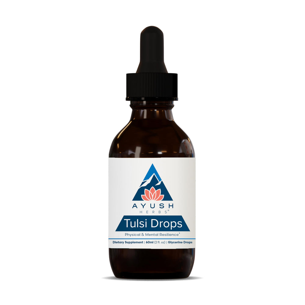 Ayush Herbs Tulsi Drops bottle close-up showing alcohol-free Holy Basil extract for daily wellness.