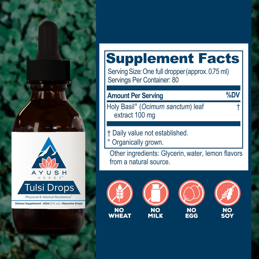 Front packaging of Ayush Herbs Tulsi Drops signaling reliable Ayurvedic support.