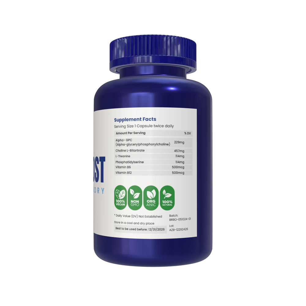 AZ BIOTECH Brain Boost capsules close-up emphasizing non-GMO, gluten-free formula for mental clarity