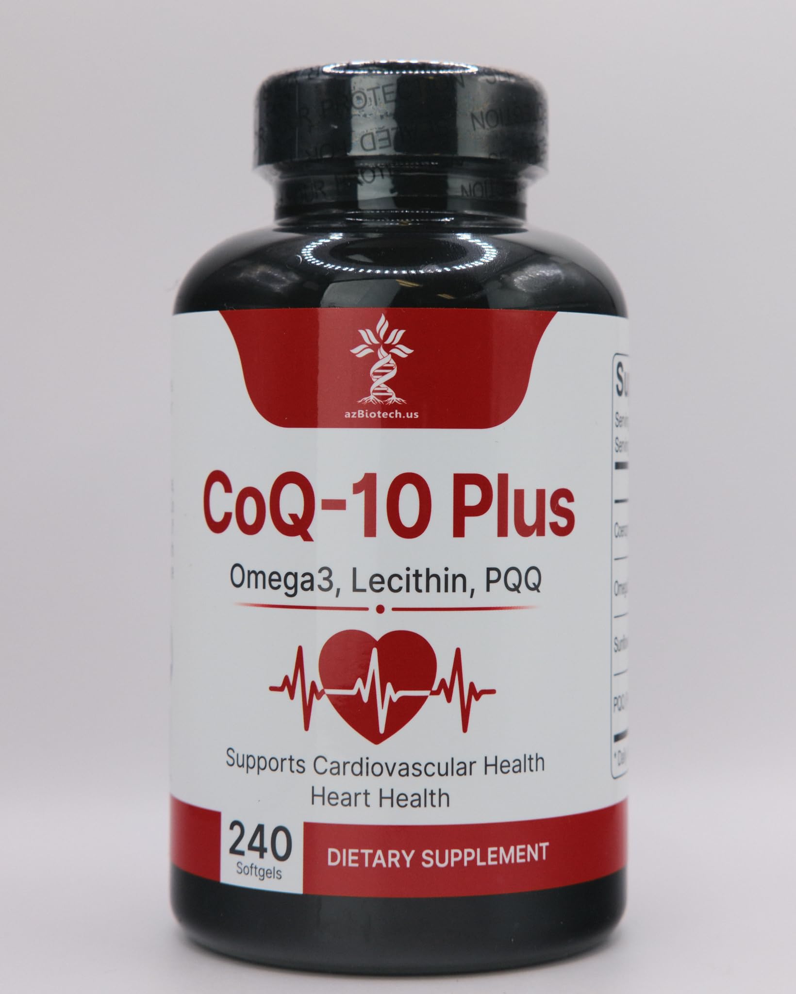 AZ Biotech CoQ-10 Plus softgels close-up showing potency and label clarity