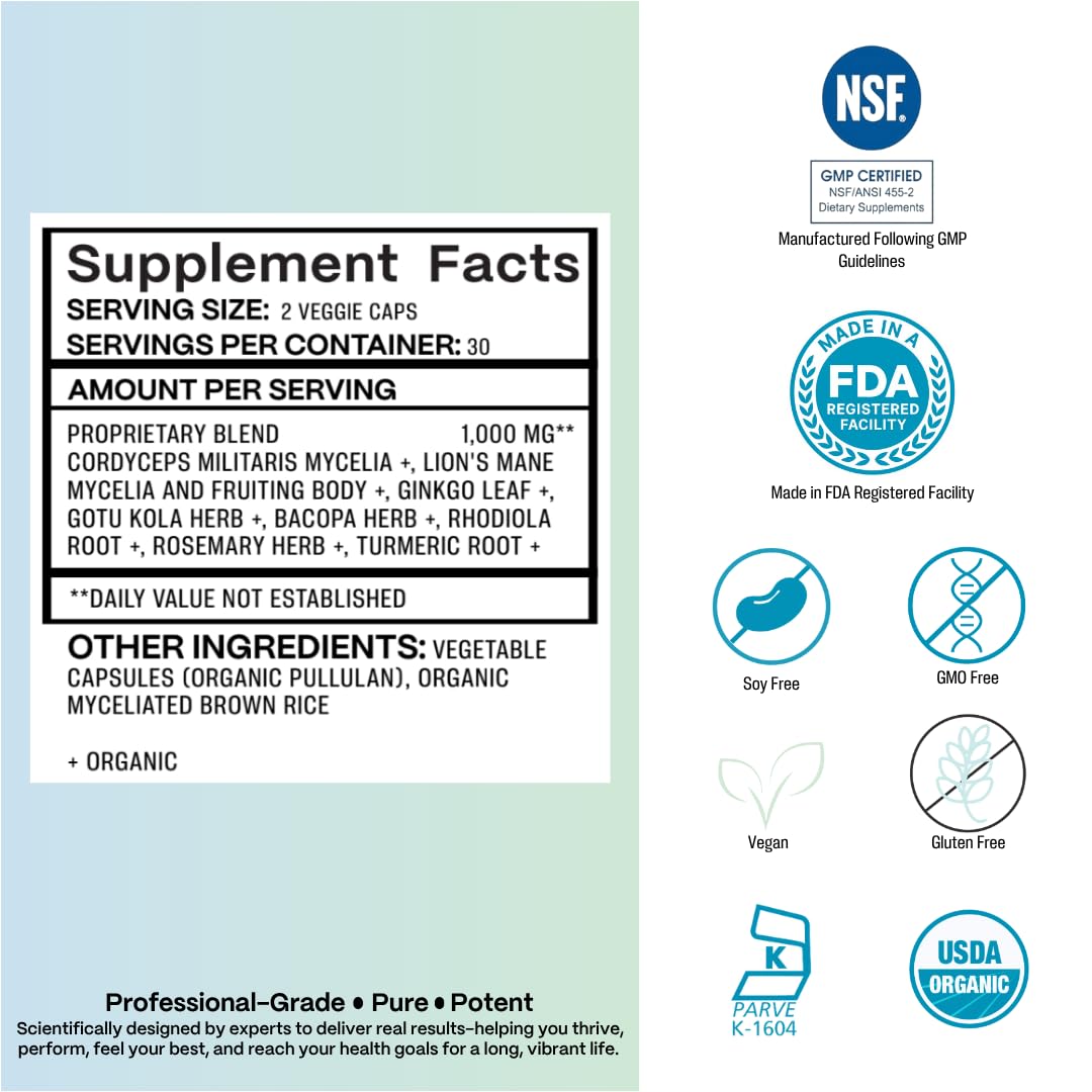 Azure Biogenics capsules pack shot suggests vegan, clean supplement for focus.