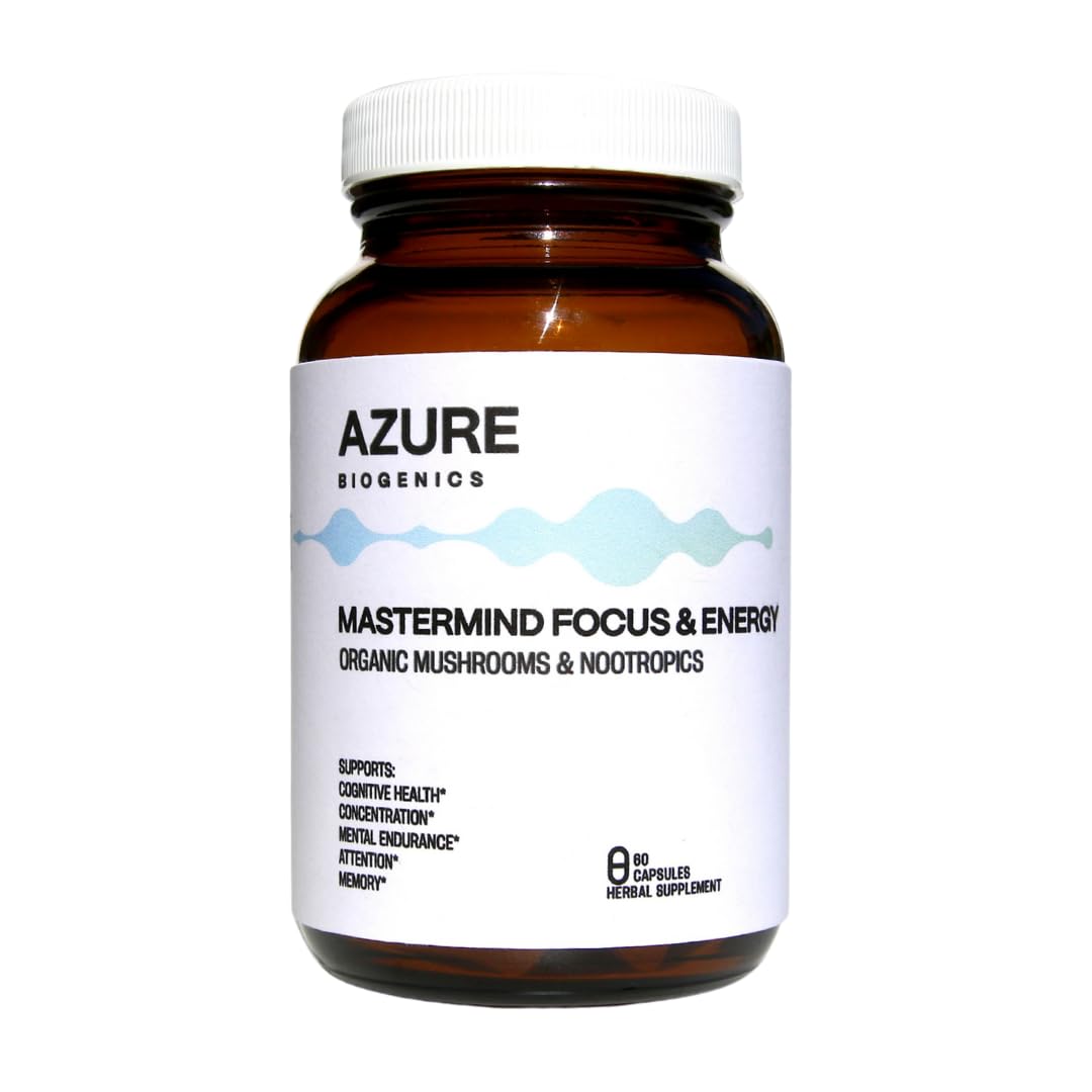 Azure Biogenics Focus & Energy bottle front view, promoting everyday mental sharpness.