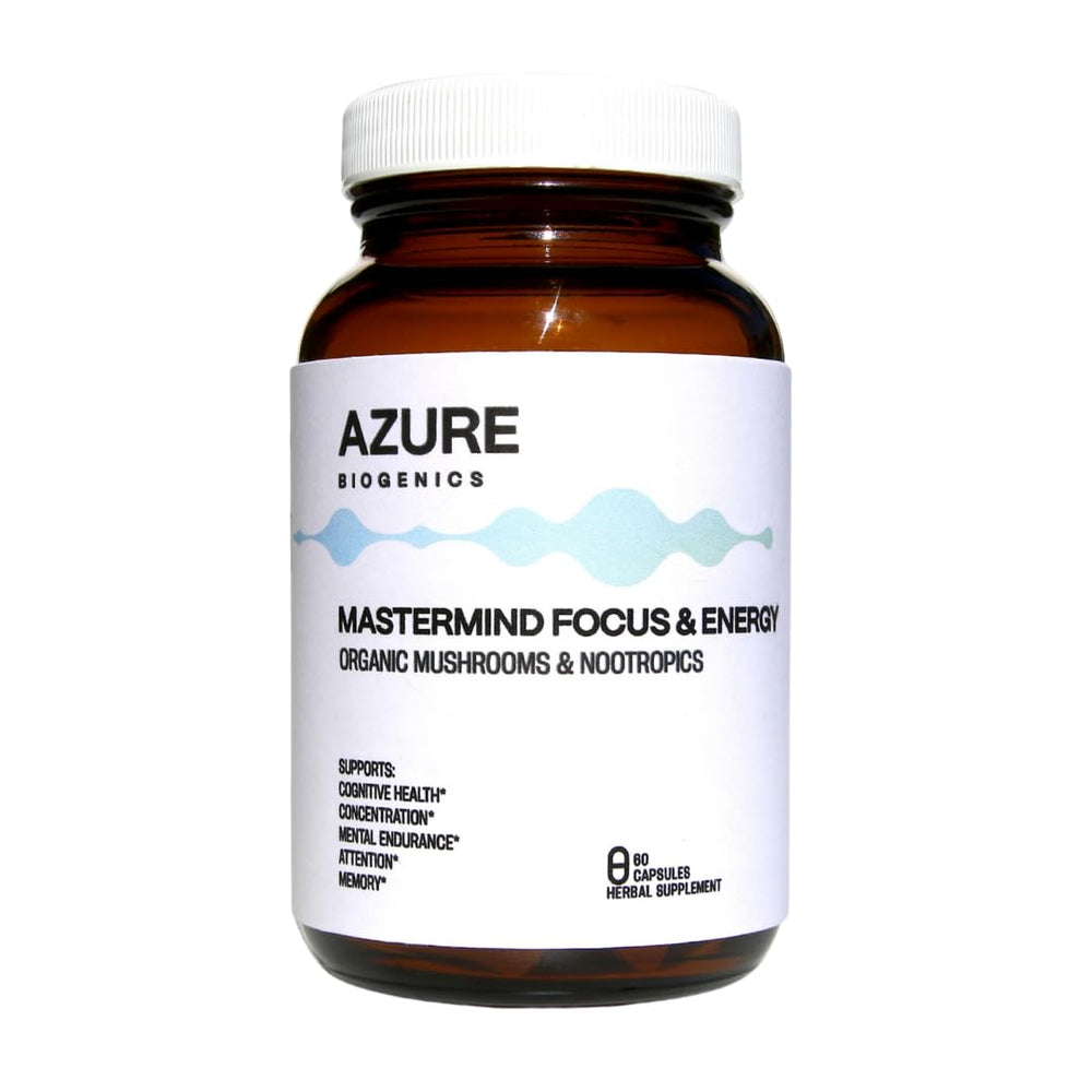 Azure Biogenics Focus & Energy bottle front view, promoting everyday mental sharpness.