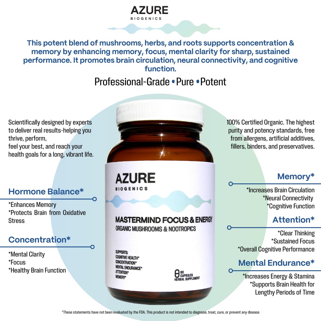 Azure Biogenics label closeup highlights premium mushroom blend for cognitive support.