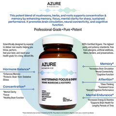 Azure Biogenics label closeup highlights premium mushroom blend for cognitive support.