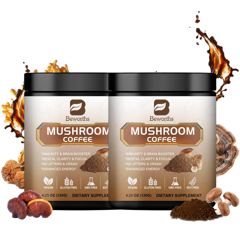B BEWORTHS 2Pack mushroom coffee tin packaging showcases premium blend for daily energy
