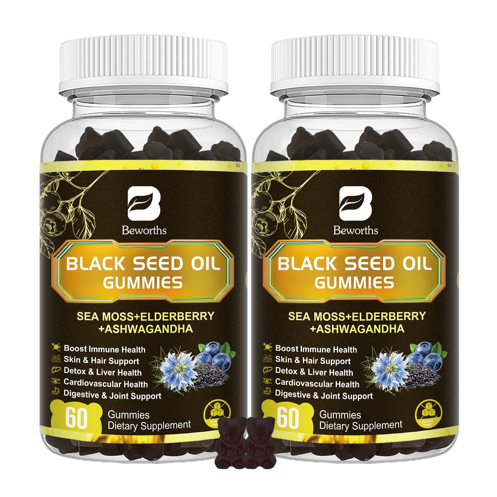 B BEWORTHS Black Seed Oil & Sea Moss Gummies bottle showing premium wellness blend.