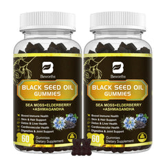 B BEWORTHS Black Seed Oil & Sea Moss Gummies bottle showing premium wellness blend.