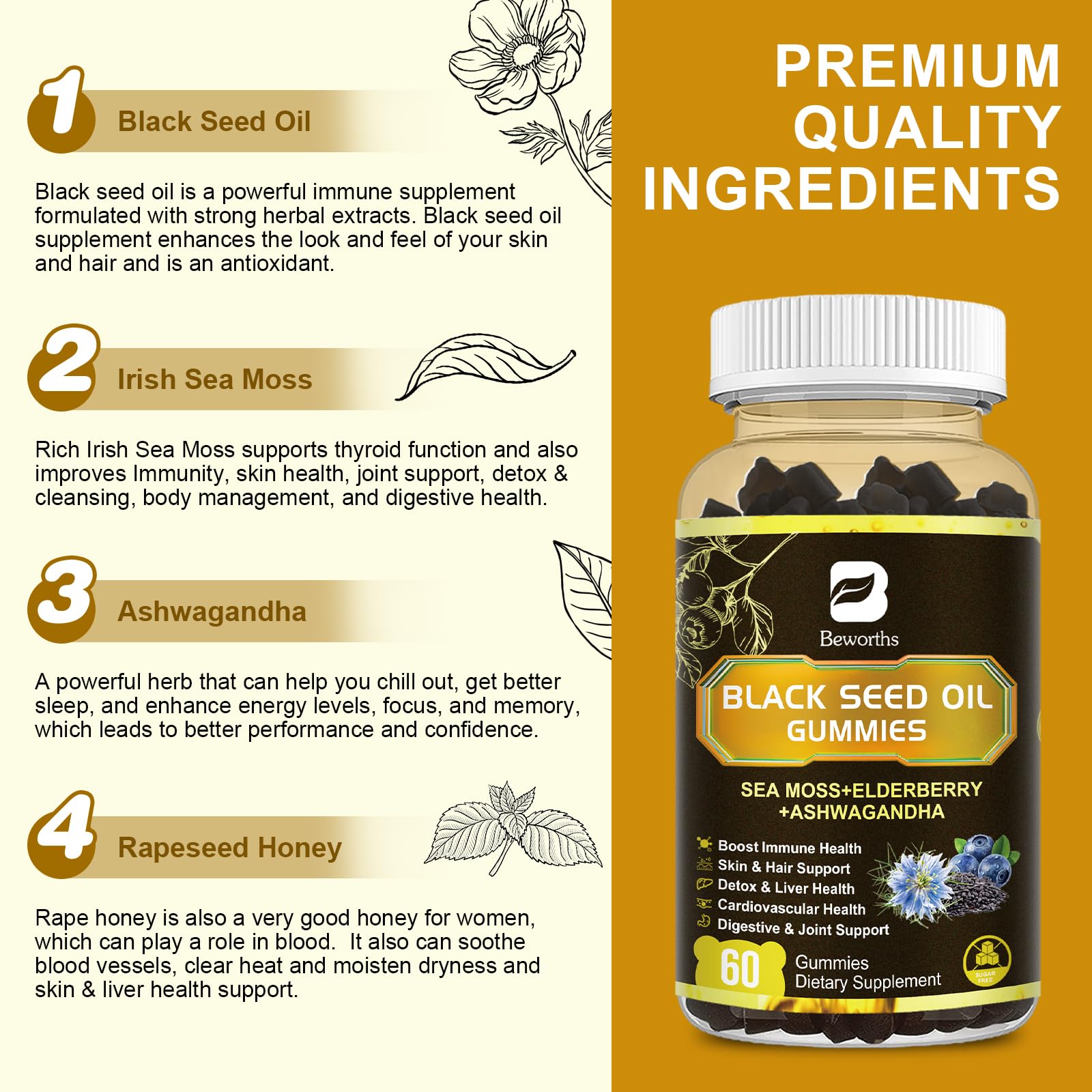 B BEWORTHS gummies close-up highlighting texture and natural ingredients.