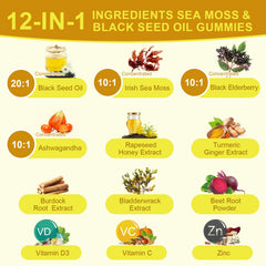 B BEWORTHS ingredients display featuring sea moss, black seed oil and vitamins.
