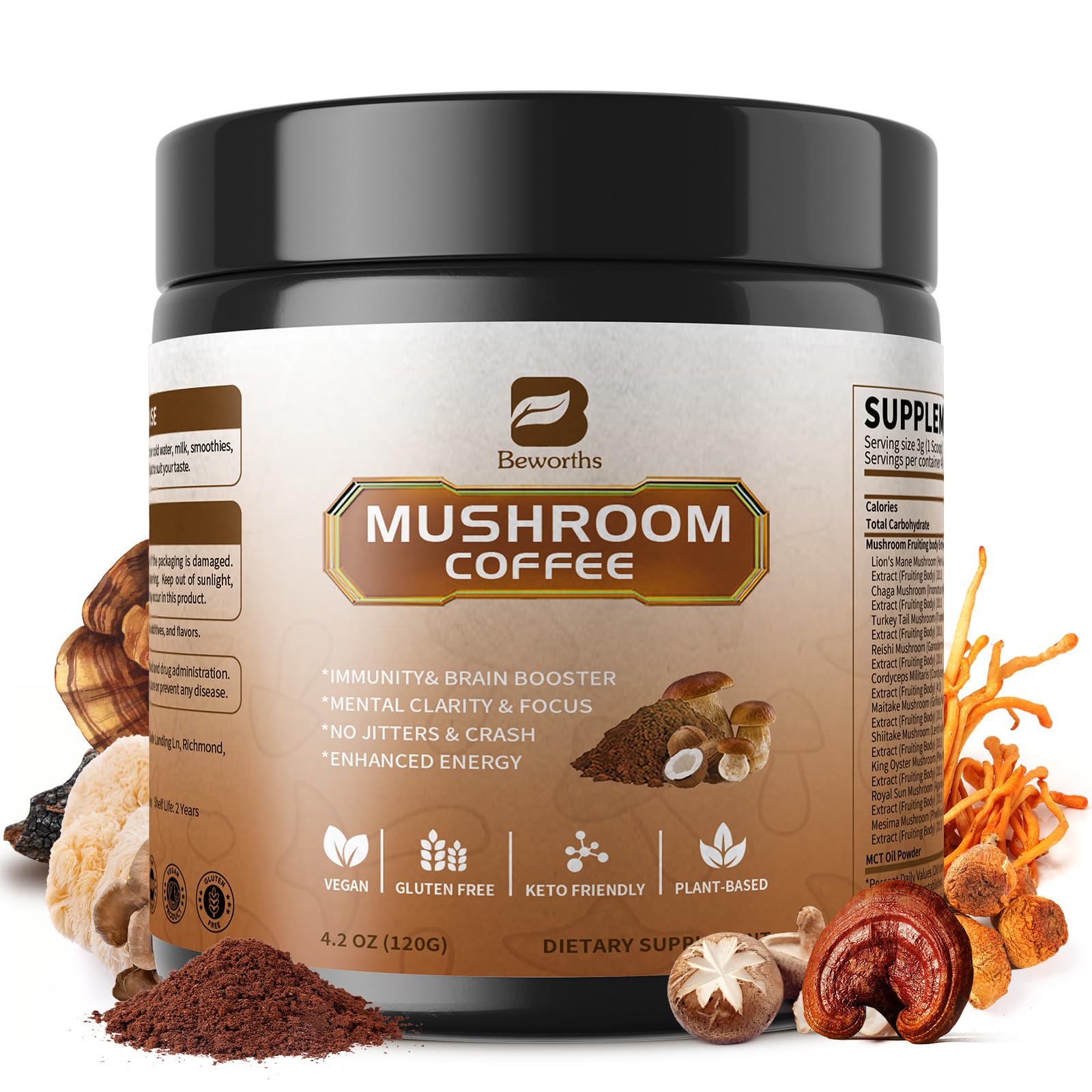 B BEWORTHS mushroom coffee bottle promotes steady energy with a ten-mushroom blend.
