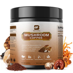 B BEWORTHS mushroom coffee bottle promotes steady energy with a ten-mushroom blend.