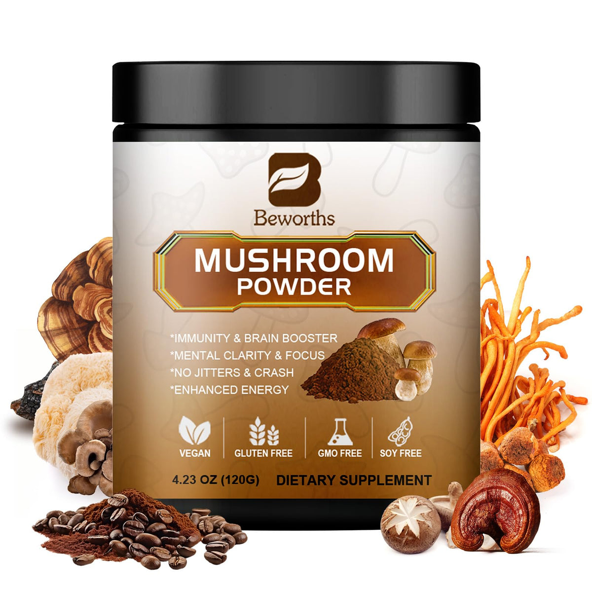B BEWORTHS Lions Mane coffee scoop in hand boosts daily energy.