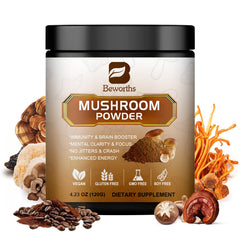 B BEWORTHS Lions Mane coffee scoop in hand boosts daily energy.