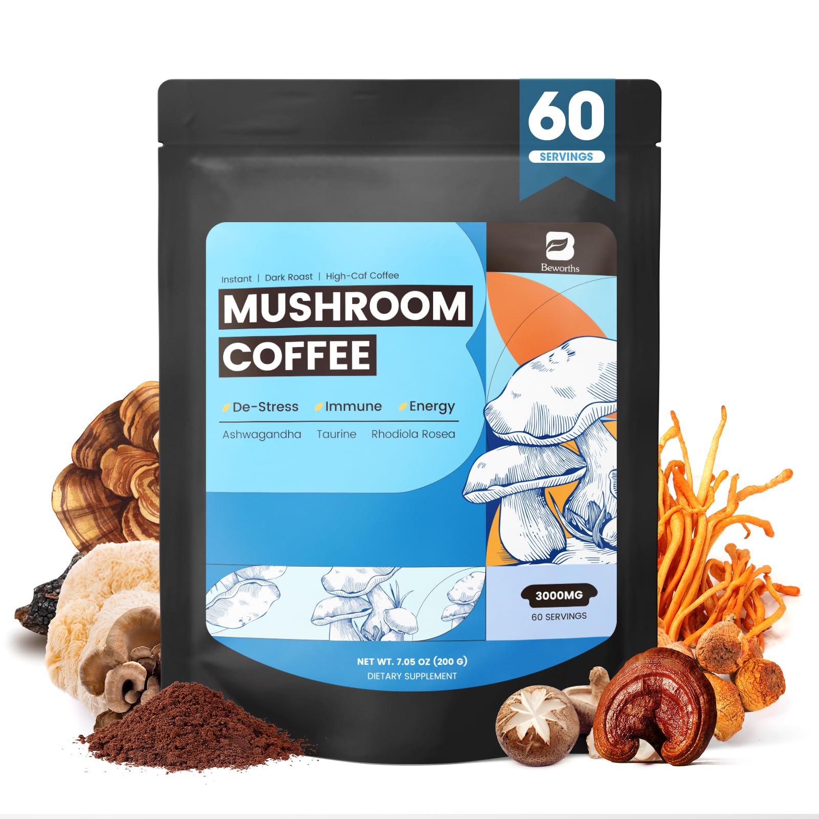 B BEWORTHS mushroom coffee powder jar for convenient daily use