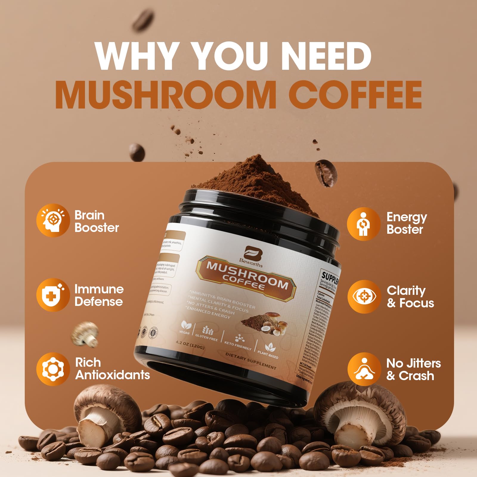 B BEWORTHS mushroom coffee powder tub highlights keto-friendly convenience on busy mornings.