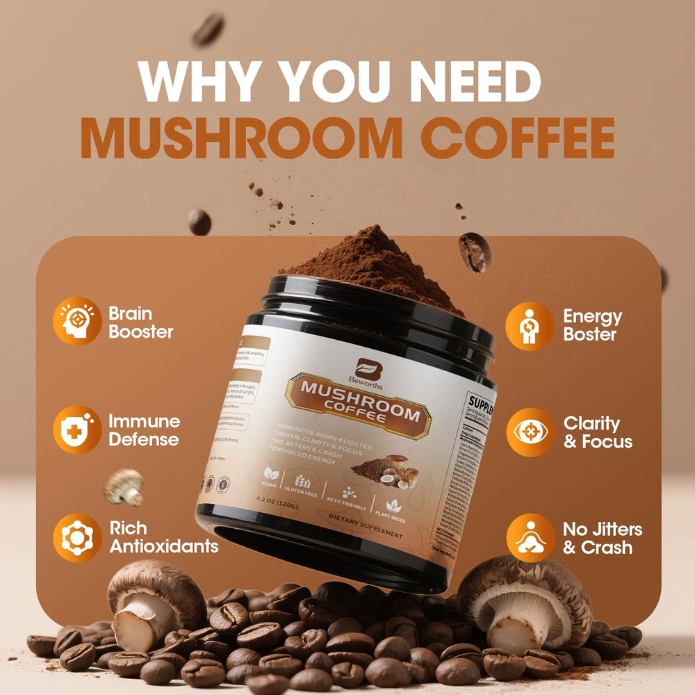 B BEWORTHS mushroom coffee powder tub highlights keto-friendly convenience on busy mornings.