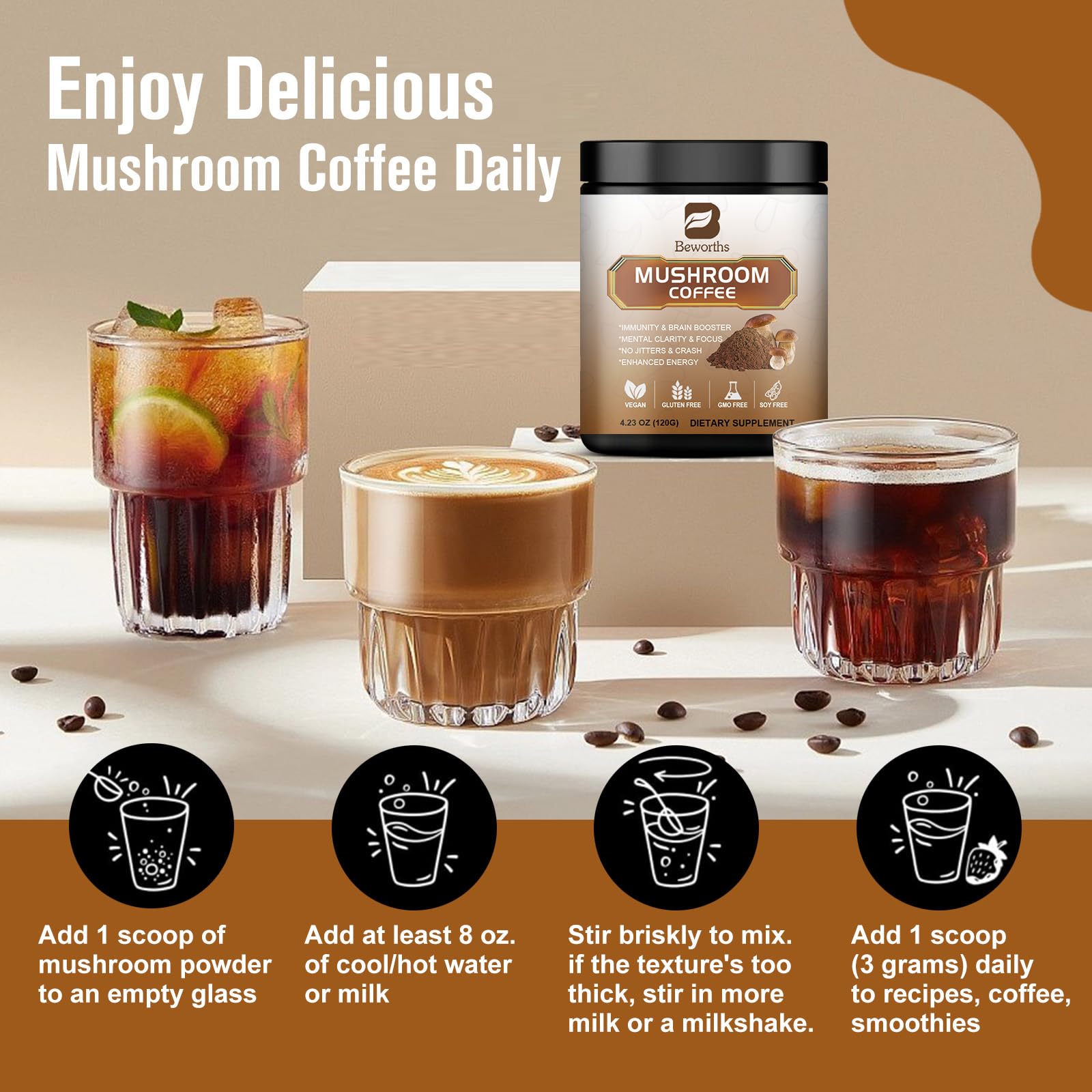 Scoop measuring 3g for a balanced cup of mushroom coffee