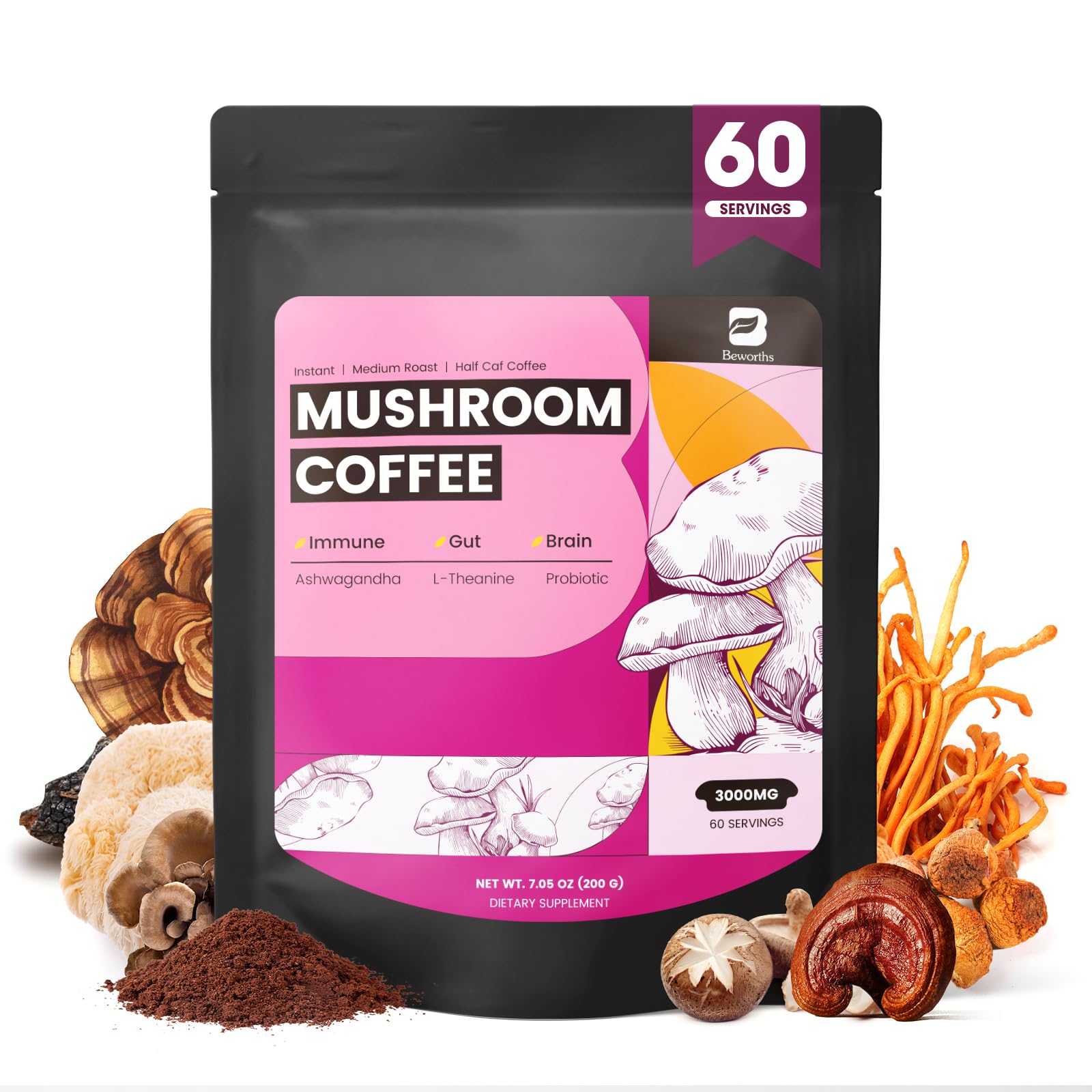B BEWORTHS Mushrooms Coffee 10-mushroom blend for steady energy and focus.