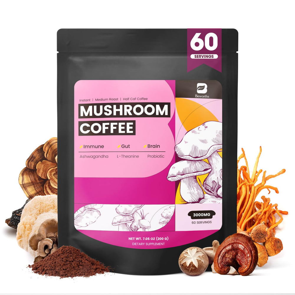 B BEWORTHS Mushrooms Coffee 10-mushroom blend for steady energy and focus.