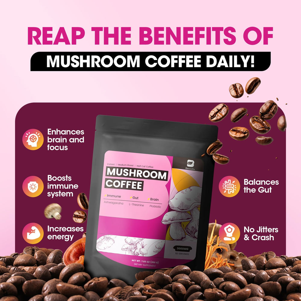 Ashwagandha and L-theanine in B BEWORTHS mushroom coffee for calm focus.