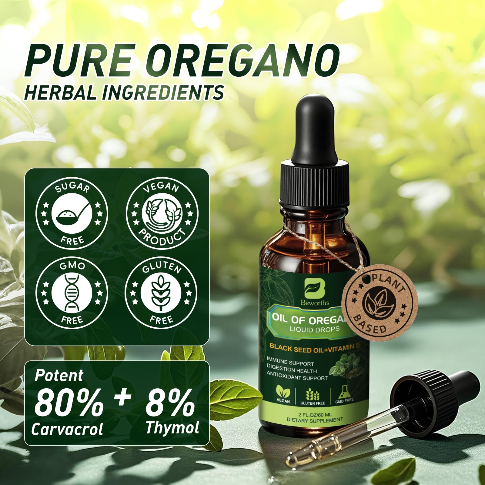 Oregano oil drops with black seed oil and vitamin E components visible.