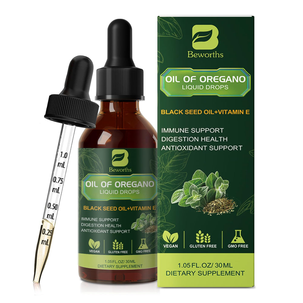 B BEWORTHS oregano oil drops bottle highlighting a pure herbal blend for immune and digestive support.