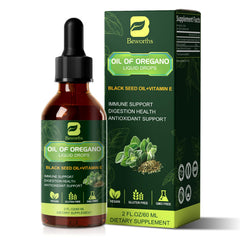 B BEWORTHS oregano oil drops bottle in view, showcasing daily wellness formula.